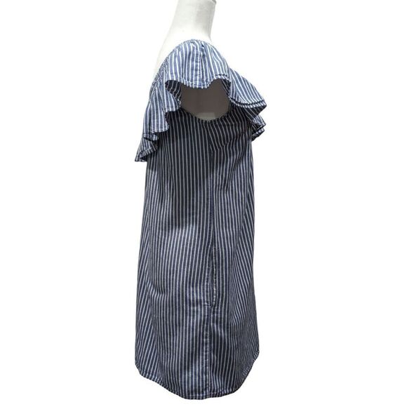 Beachlunchlounge Blue & White Striped Cotton One Shoulder Ruffle Mini Dress, SP - Picture 7 of 10